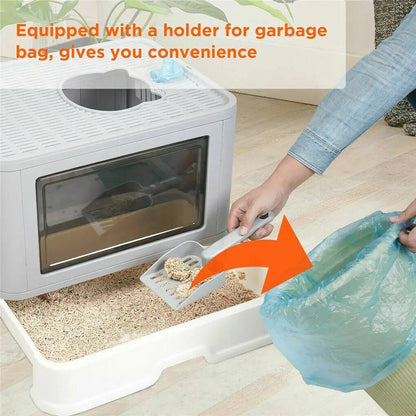 Belro cat litter box for pets, showing a spacious, covered litter box with a door for easy access and odor control.