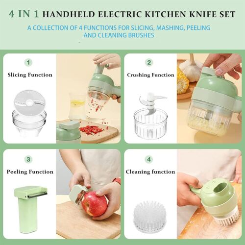Belro 4-in-1 electric food cutter with stainless steel blades, compact kitchen appliance for slicing, dicing, and chopping food.