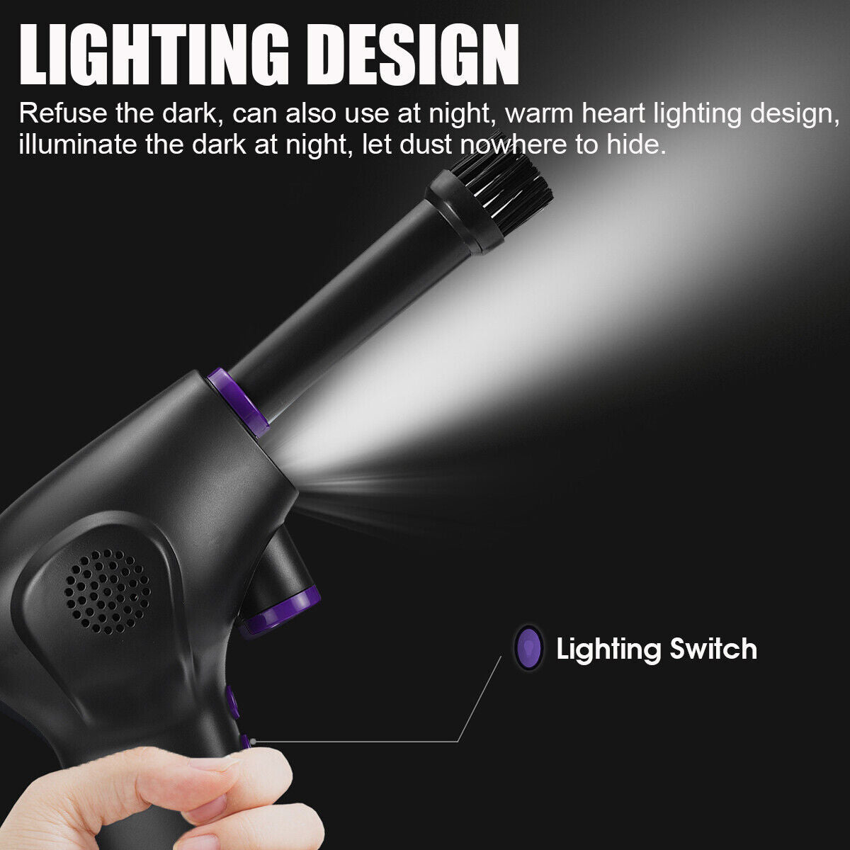 Belro cordless air duster in hand, showing its compact design and trigger for cleaning electronic devices and keyboards.
