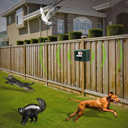 Belro Ultrasonic Bird Repeller for woodpeckers, outdoor pest control device in a garden setting, designed to deter birds effectively.