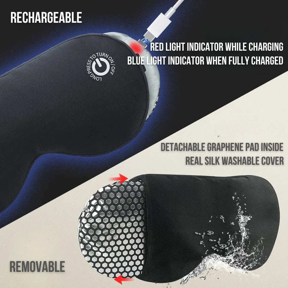 Belro rechargeable heated eye mask with soft fabric and adjustable strap, designed for soothing eye relief and relaxation.