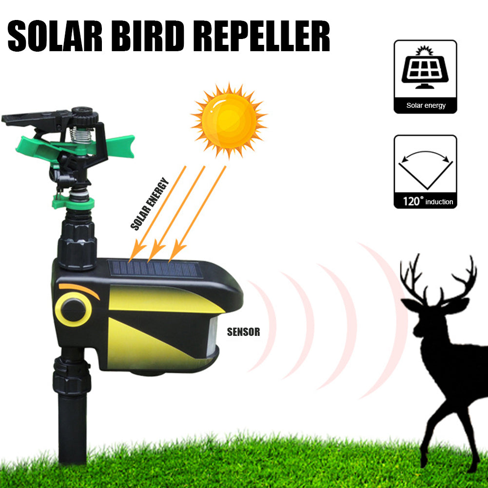 Belro solar-powered motion-activated deer sprinkler in garden, designed to repel deer with water spray.