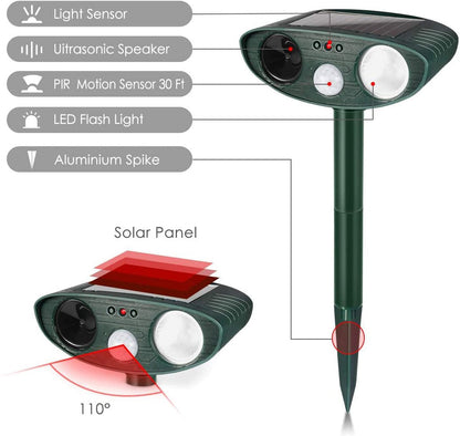Belro outdoor solar ultrasonic dog repeller in garden, showing solar panel, ultrasonic device, and outdoor pest control equipment.