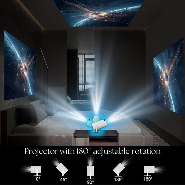Belro HD Smart 4K projector displaying vibrant home theater image on a wall, with sleek black design and control buttons visible.