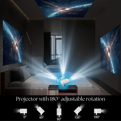 Belro HD Smart 4K projector displaying vibrant home theater image on a wall, with sleek black design and control buttons visible.