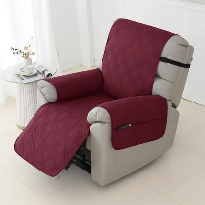 Belro waterproof quilted recliner arm chair slip cover showing textured quilted fabric and elastic edges for a secure fit.