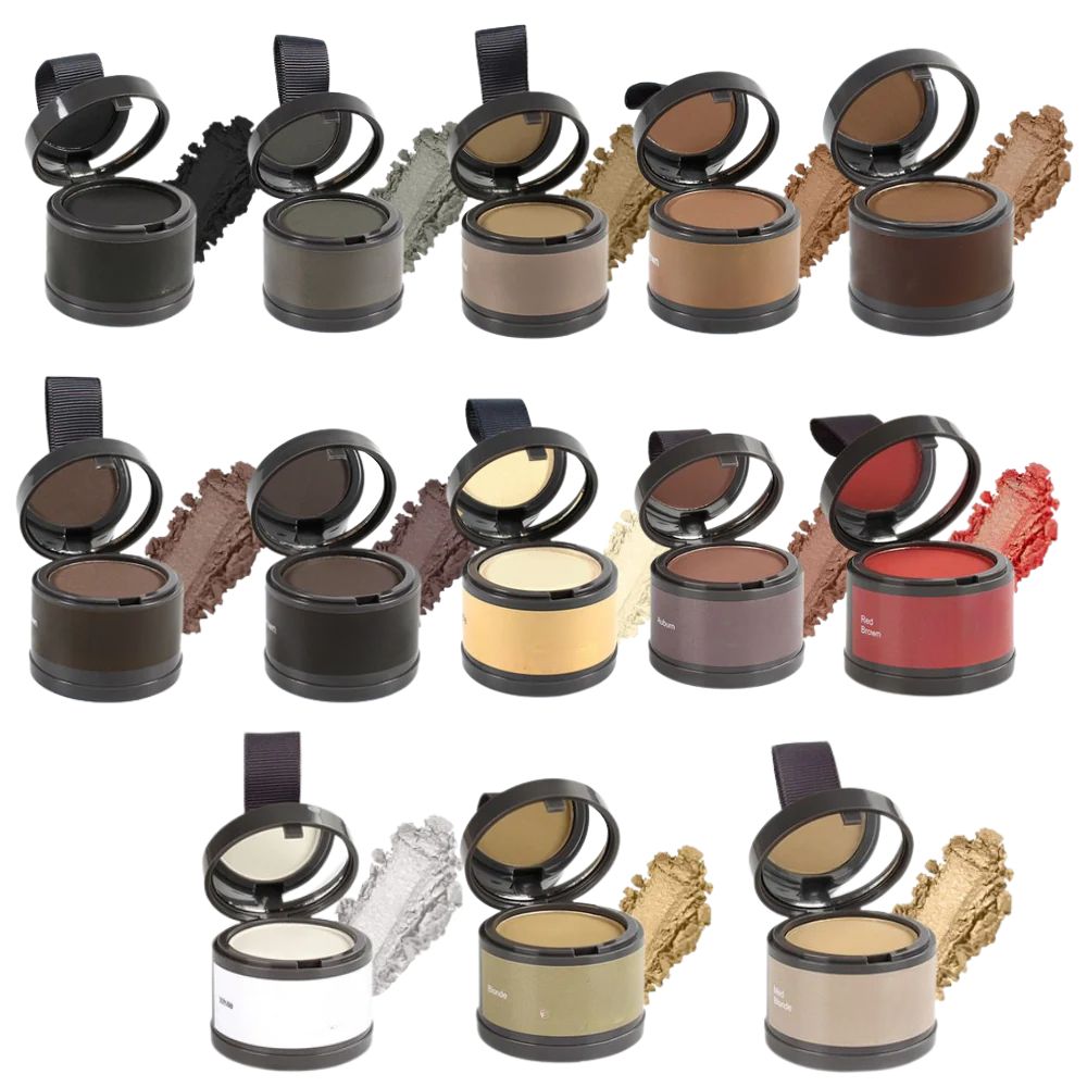 Belro Hair Root Concealer Powder in a compact container showing the powder application for root touch-up and hair coverage.