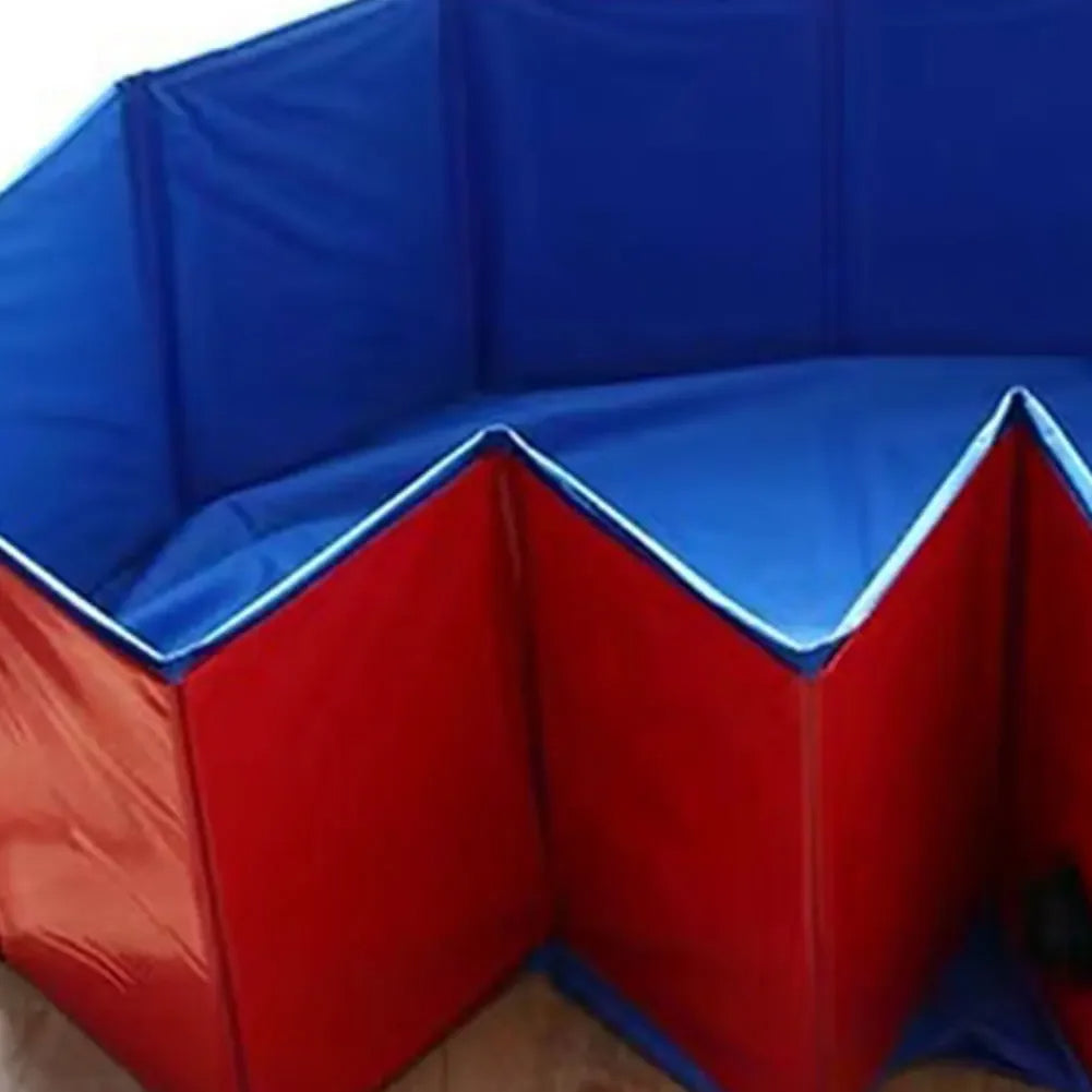 Belro foldable dog pool set up outdoors, with a blue foldable plastic basin for pets to cool off during warm weather.