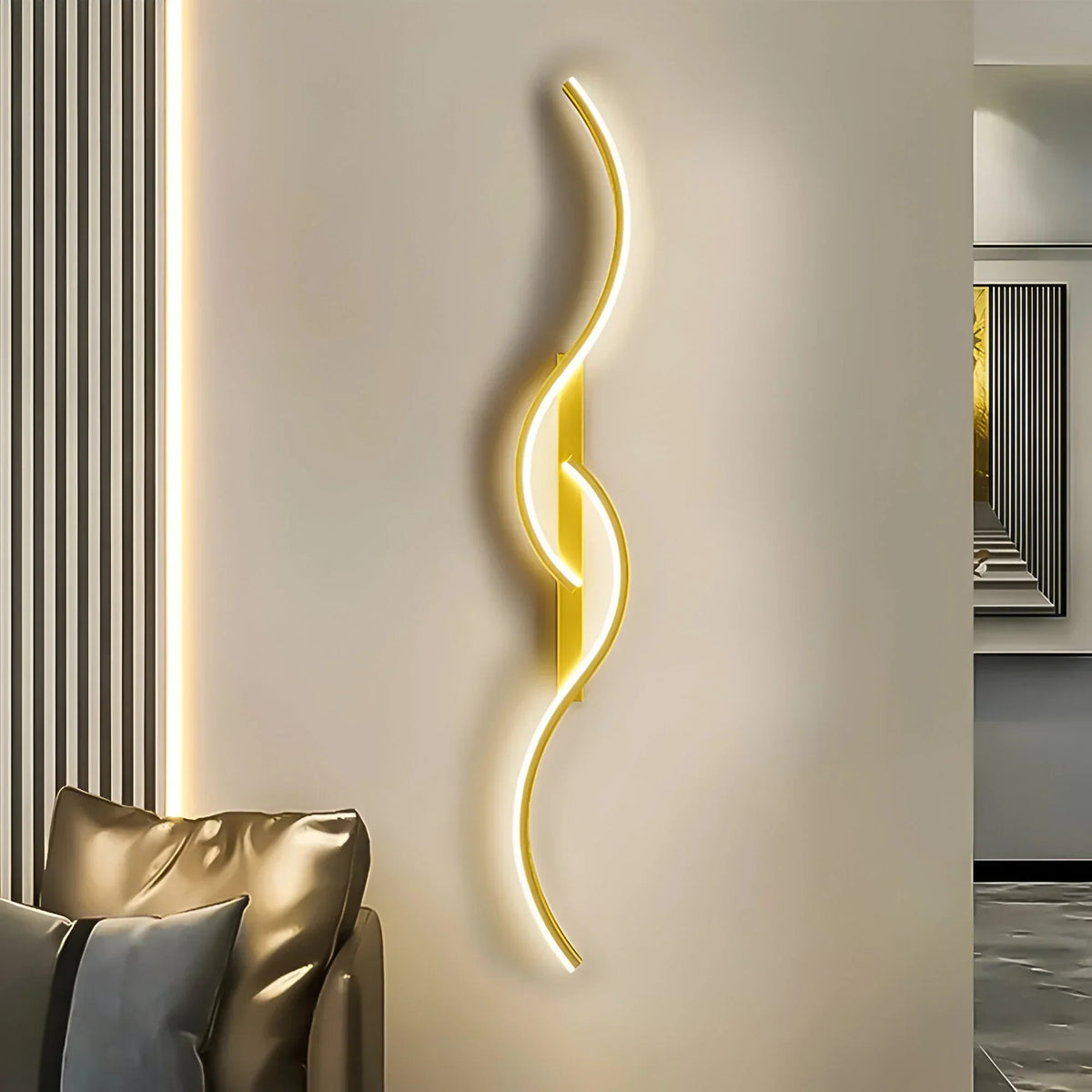 Curved LED wall light by BowLift, modern indoor ambient wall lighting with plug-in design, sleek contemporary style.