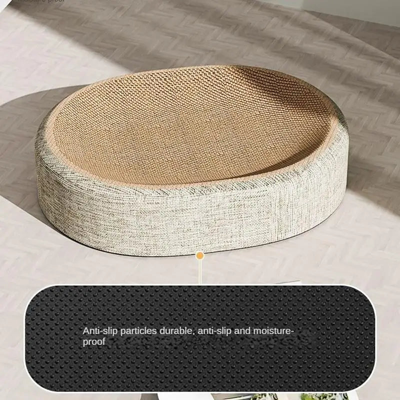 Belro oval sisal cat scratcher bed with cozy cushion, designed for cats to scratch and rest comfortably in home and garden space.