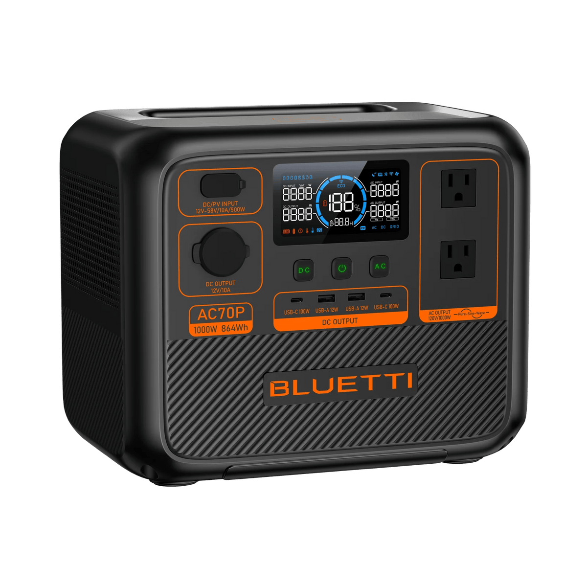 Casavibeo BLUETTI AC70P portable power station with 1000W, 864Wh capacity, featuring multiple outlets and a compact design.