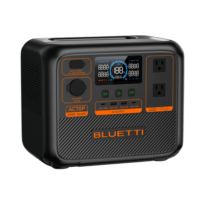Casavibeo BLUETTI AC70P portable power station with 1000W, 864Wh capacity, featuring multiple outlets and a compact design.
