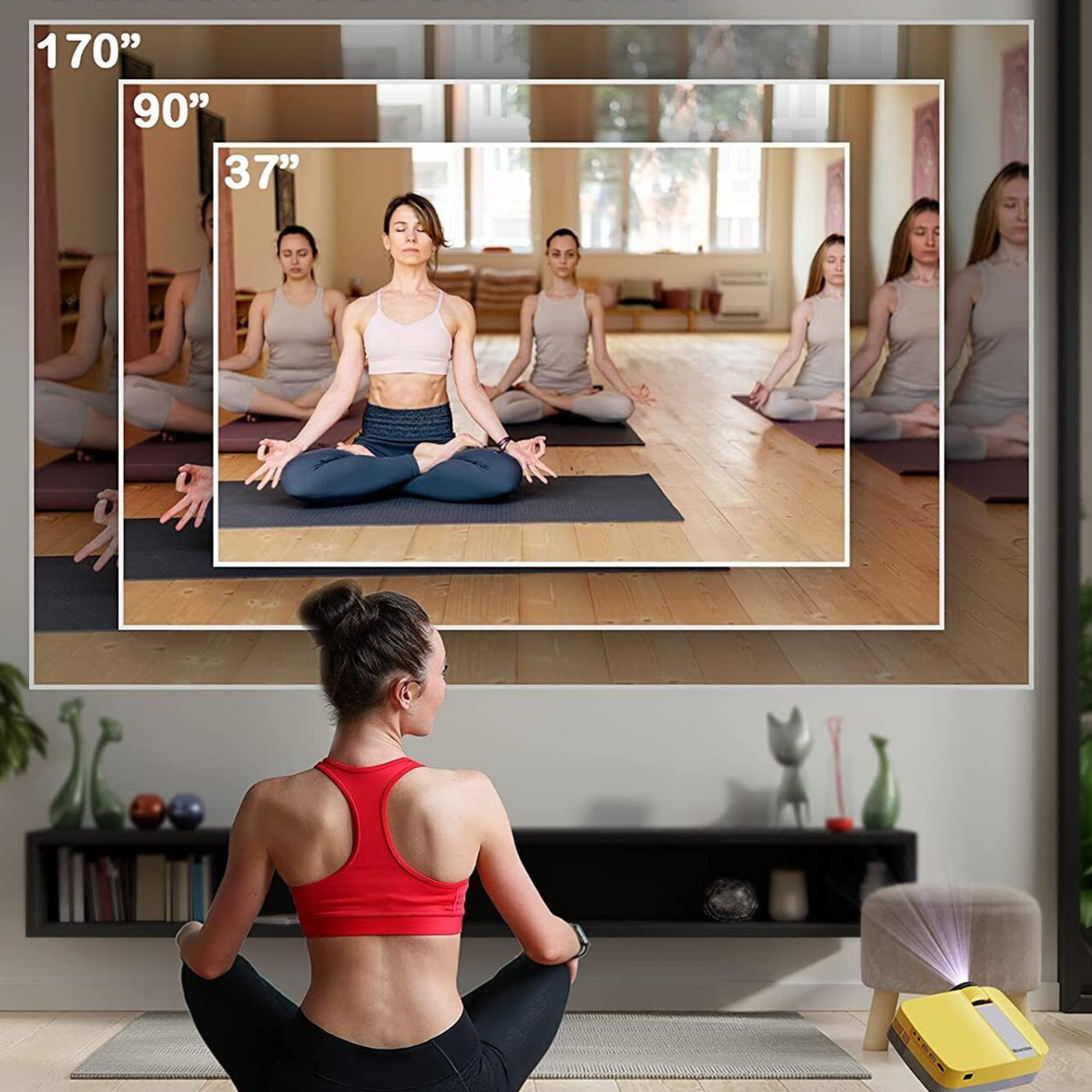 Belro portable HD mini smart USB projector displaying a bright image on a wall, compact size ideal for mobile and laptop use.