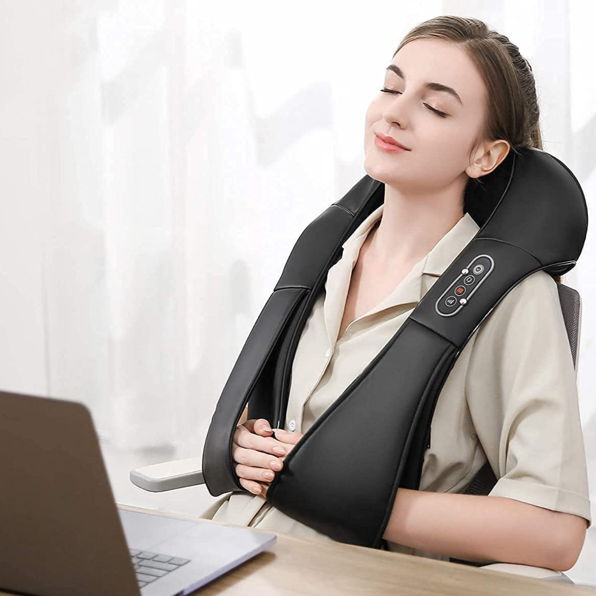 Belro heated shiatsu neck and shoulder massager with deep tissue pressure points, electronic personal care appliance.