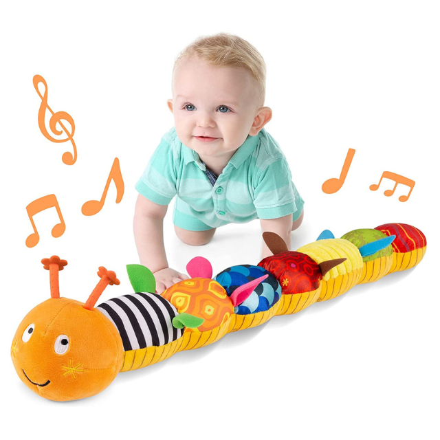 Colorful plush caterpillar baby rattle with musical features and sensory elements, designed for infants by Belro.