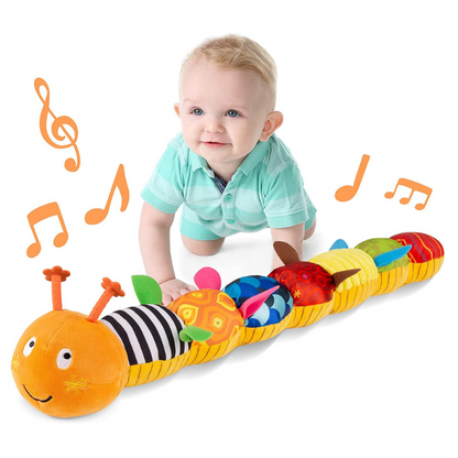 Colorful plush caterpillar baby rattle with musical features and sensory elements, designed for infants by Belro.