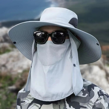 Belro breathable wide brim outdoor sun protection fishing hat with adjustable chin strap and mesh panels for ventilation.