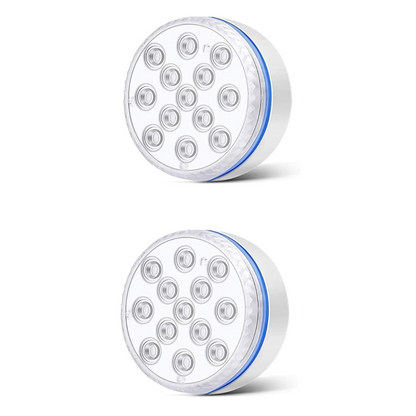 Colorful Belro submersible LED pool party lights floating in a pool, vibrant multicolor lighting for outdoor home and garden decor.