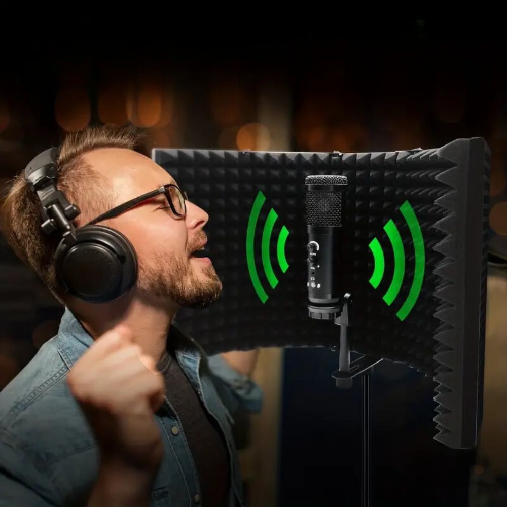 Belro voice recording sound isolation booth with noise shield, designed for home recording and soundproofing.