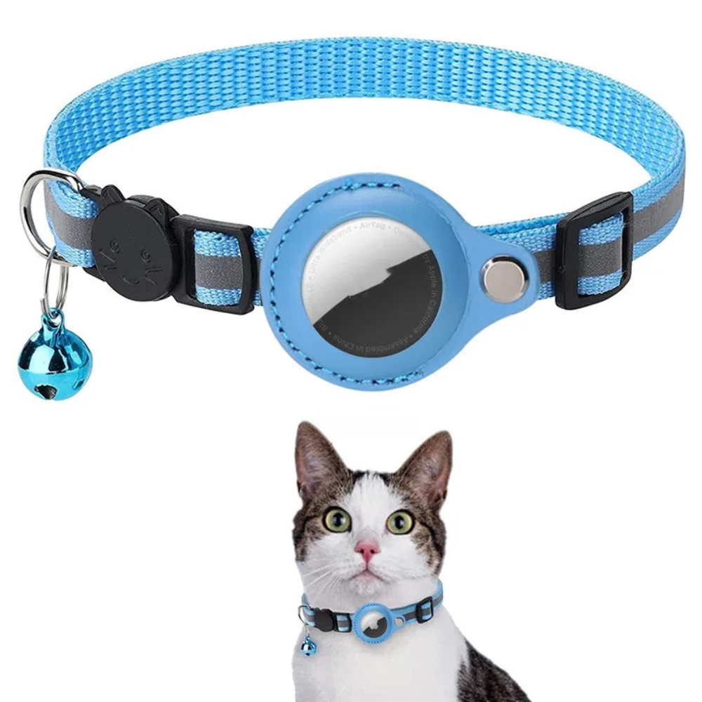 Belro waterproof reflective pet Airtag holder collar with secure strap and reflective strip for visibility during walks.