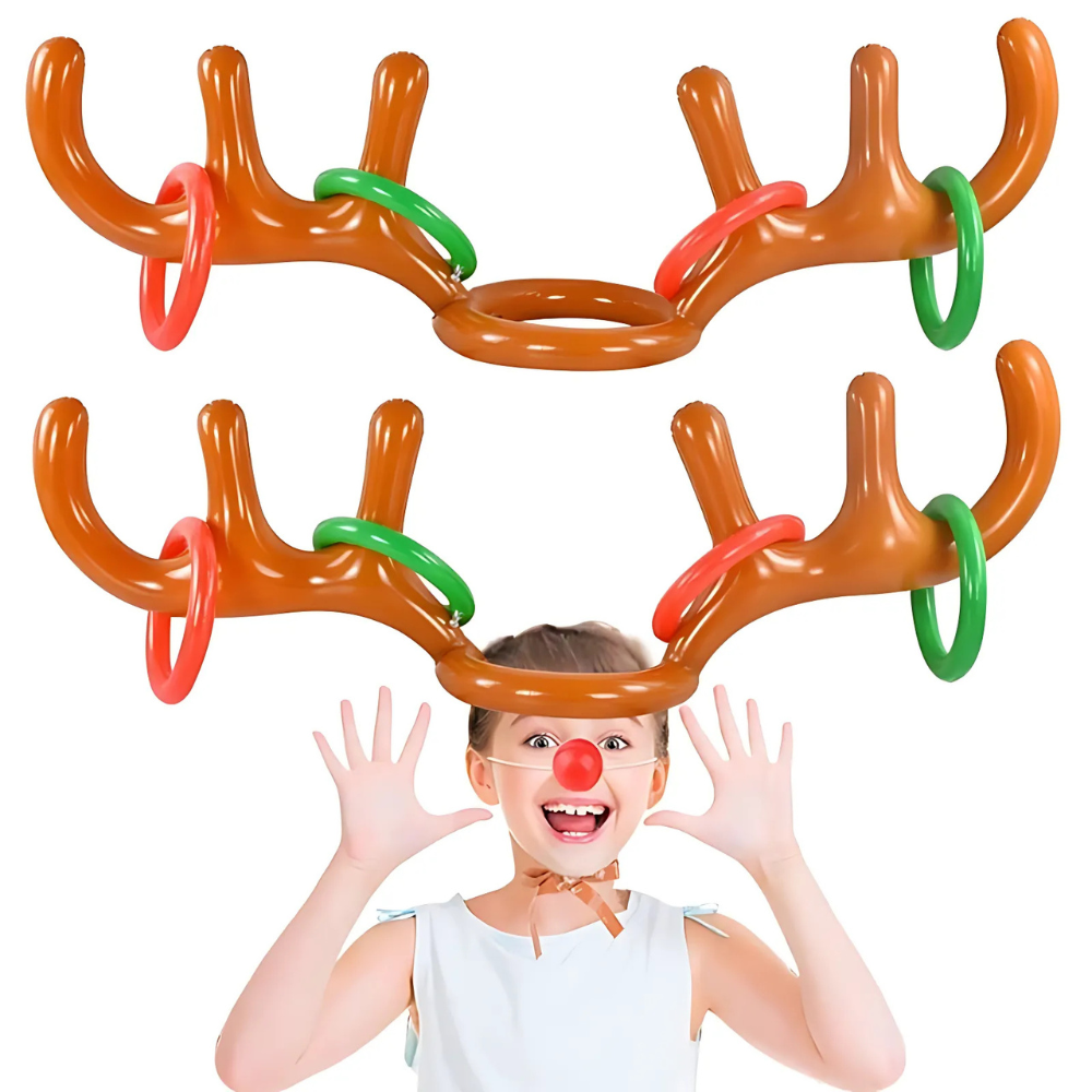 Belro Reindeer Antler Ring Toss Christmas game being played, featuring festive antler headband and colorful rings for holiday fun.