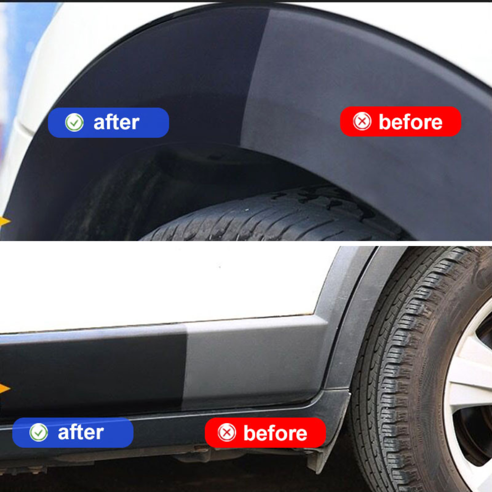 Belro Car Plastic Restorer back to black gloss coating repair solution applied to car plastic surface, enhancing shine and appearance