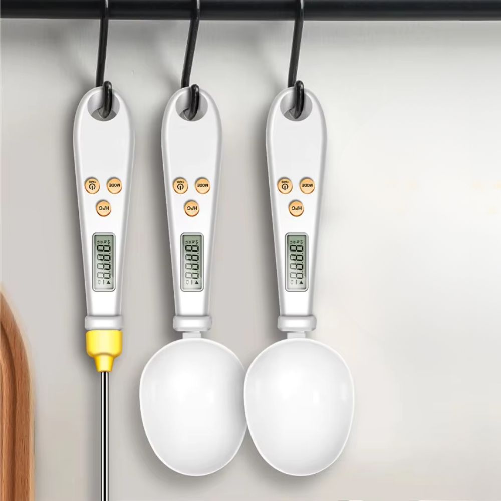 Belro 2-in-1 digital mini spoon scale and food thermometer showing a compact device with digital display and stainless steel spoon