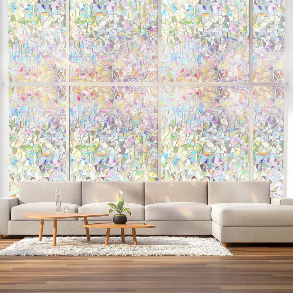 Belro decorative rainbow stained glass privacy film applied to a window, creating colorful, artistic light effects in a men's clothing setting