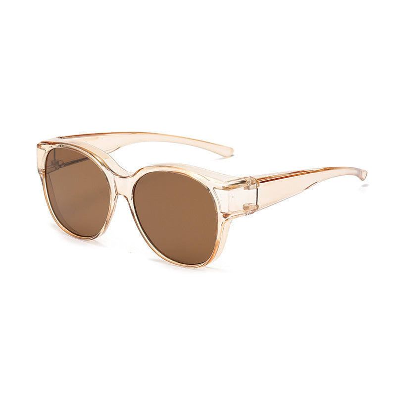 BowLift Fit-Over Polarized UV400 Sunglasses with wraparound design, designed to wear over glasses, blocking sun and glare.