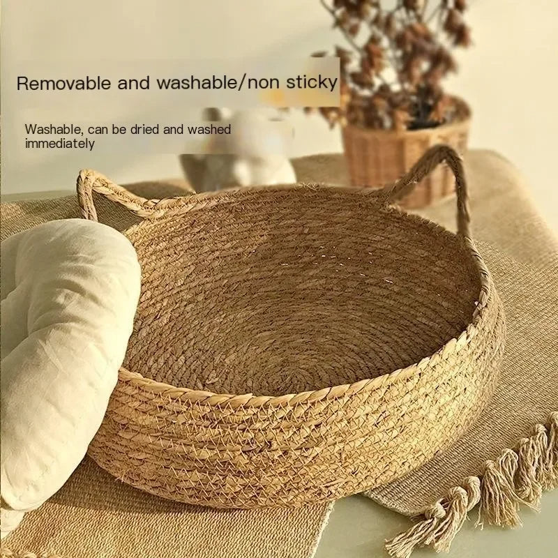Handmade woven cat bed with seasonal pad from Belro, cozy and stylish pet furniture for home and garden use.