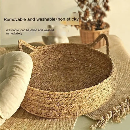 Handmade woven cat bed with seasonal pad from Belro, cozy and stylish pet furniture for home and garden use.