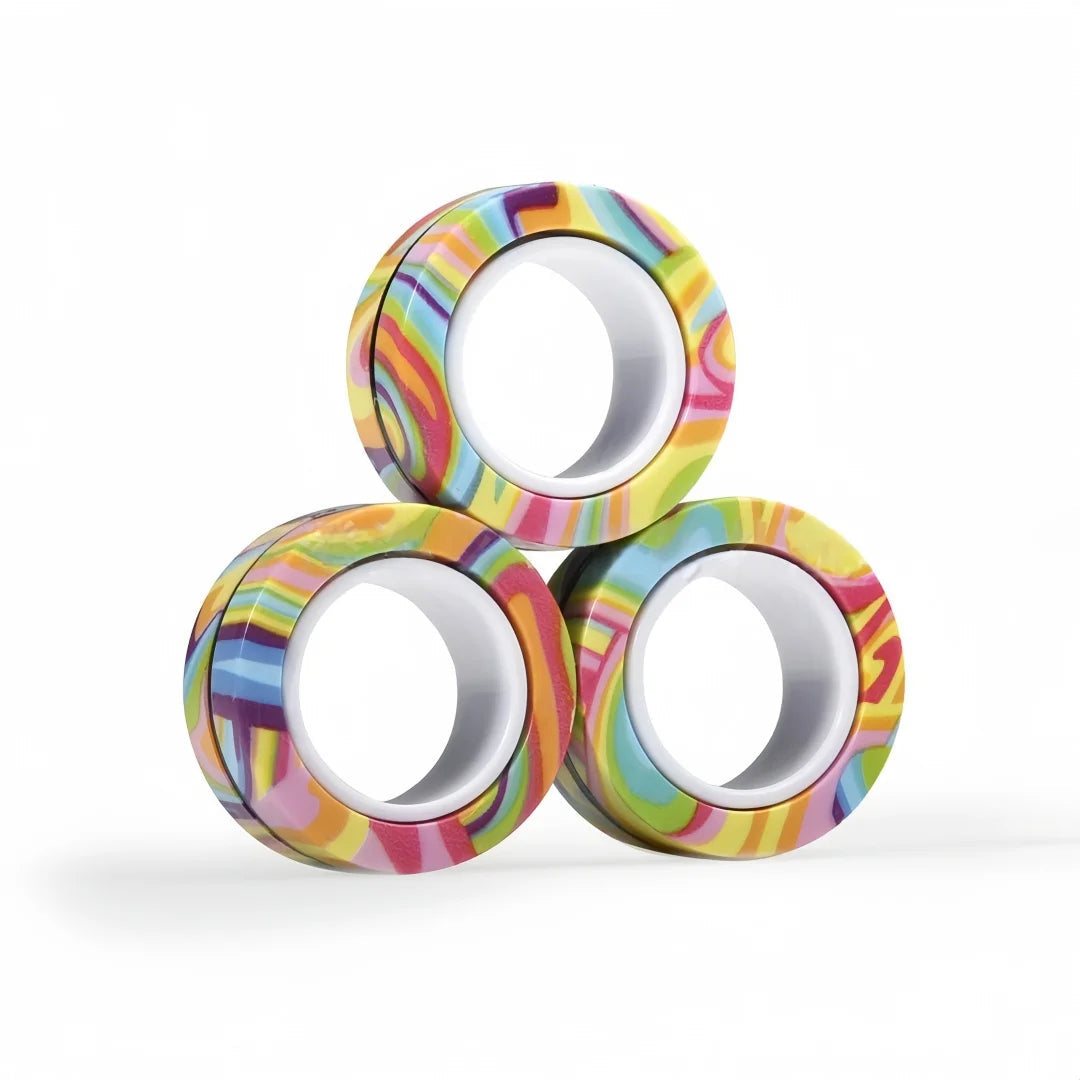 Belro magnetic fidget ring spinner set with multiple metal rings for stress relief and focus, shown in a close-up image.