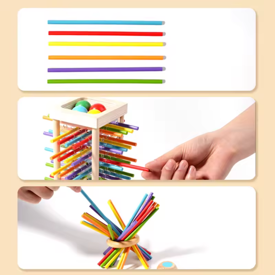 Mivoza wooden stacking tower game with colorful rings for children ages 3 and up, promoting fine motor skills and hand-eye coordination.