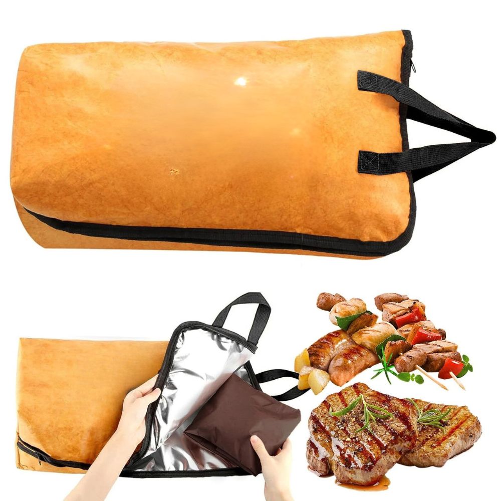 Belro insulated BBQ meat resting blanket bag with handle, designed for keeping meat warm and easy to carry during outdoor grilling.