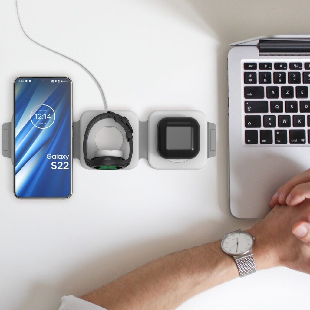 Belro 3-in-1 travel charger with wireless charging pad, USB ports, and compact design for electronic devices.