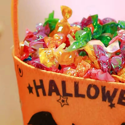 Belro Halloween treat bags candy bucket for storing and carrying Halloween treats, with festive orange and black design.