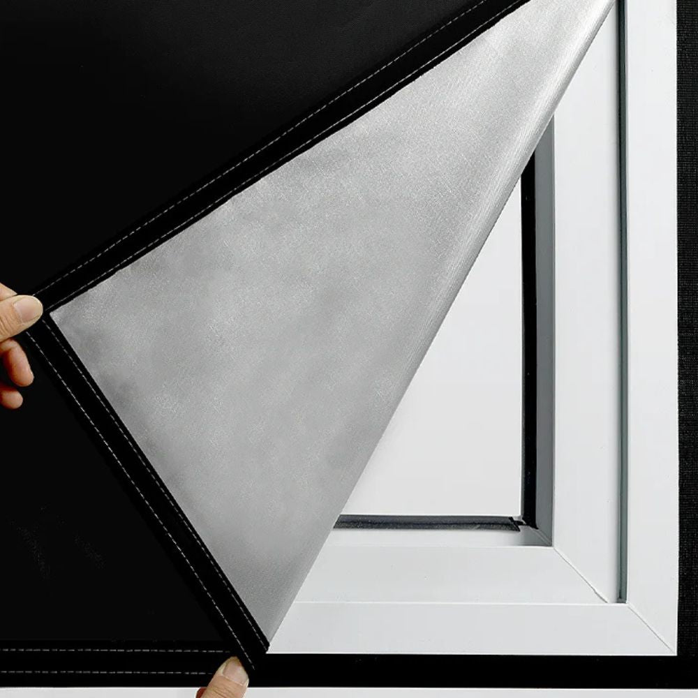 Belro black adhesive blackout window shade for men, sun blocking cover with sleek black fabric for light control and privacy.
