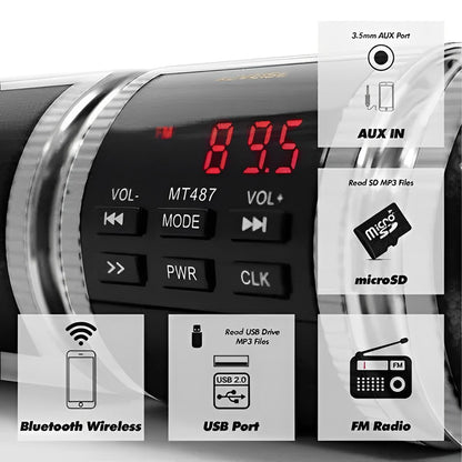 Belro motorcycle Bluetooth speakers mounted on handlebars, compact electronic audio device for hands-free music and calls.