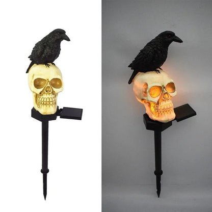 Belro Halloween Skeleton Head Solar Light accessory attached to a decorative umbrella for spooky outdoor lighting.