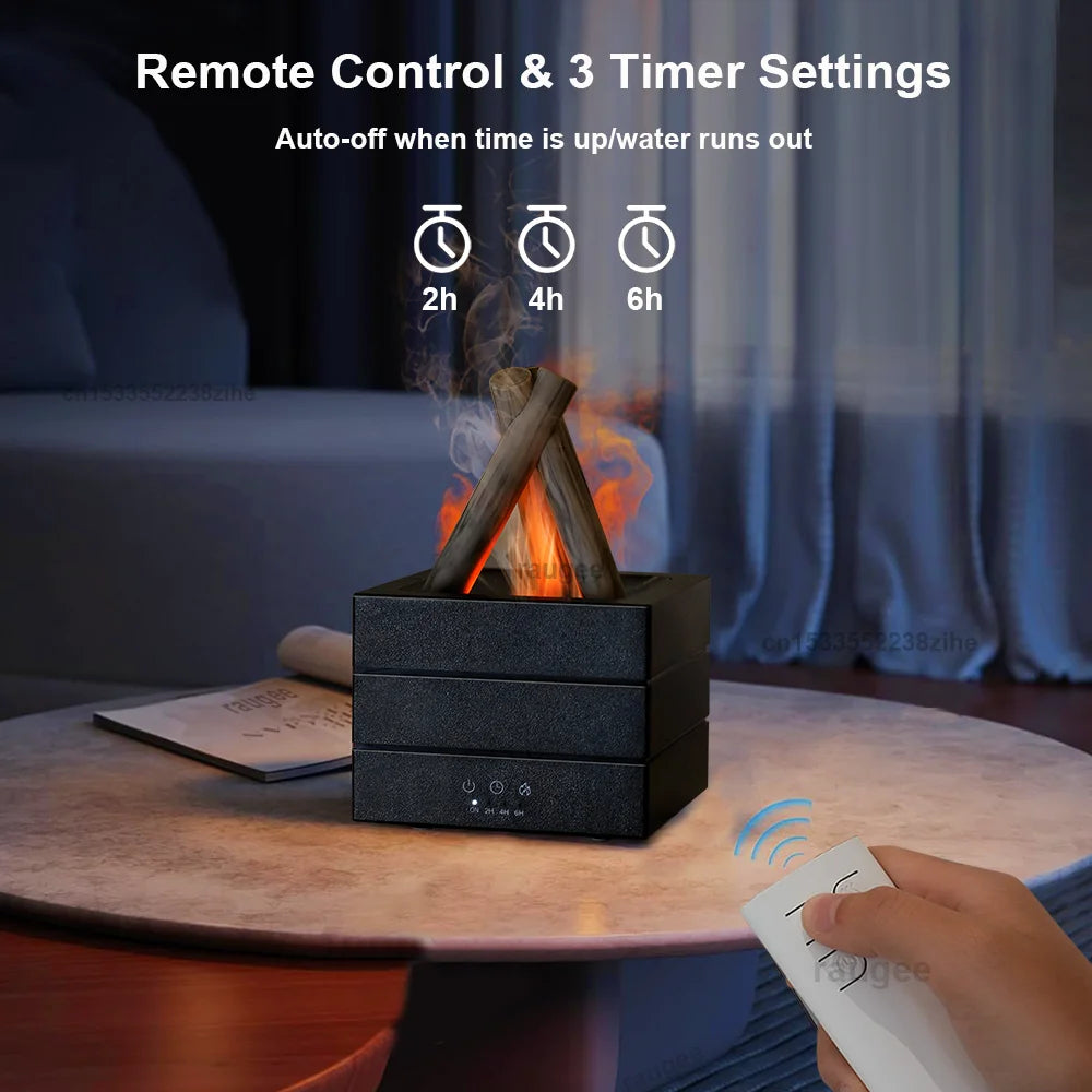 Belro Realistic Flame Aroma Diffuser and Humidifier with warm glowing flame effect in a health and beauty setting.