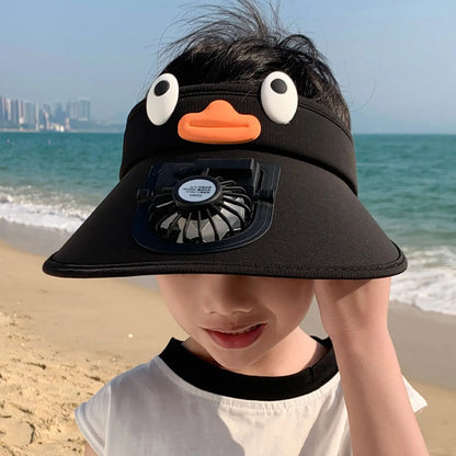 Kids sun visor hat with cooling fan by Belro, lightweight sun protection accessory for children, featuring adjustable strap and breathable design.