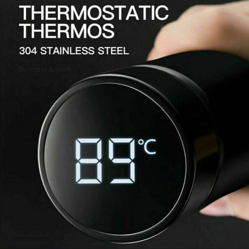 Belro LED temperature display thermos bottle showing digital screen and sleek stainless steel body for hot and cold beverages.