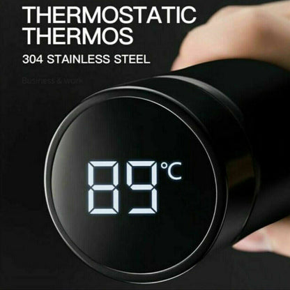 Belro LED temperature display thermos bottle showing digital screen and sleek stainless steel body for hot and cold beverages.