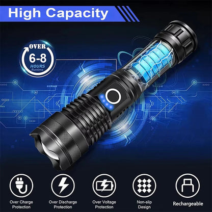 Belro high lumen rechargeable flashlight with adjustable beam and ergonomic grip, ideal for outdoor and emergency use.