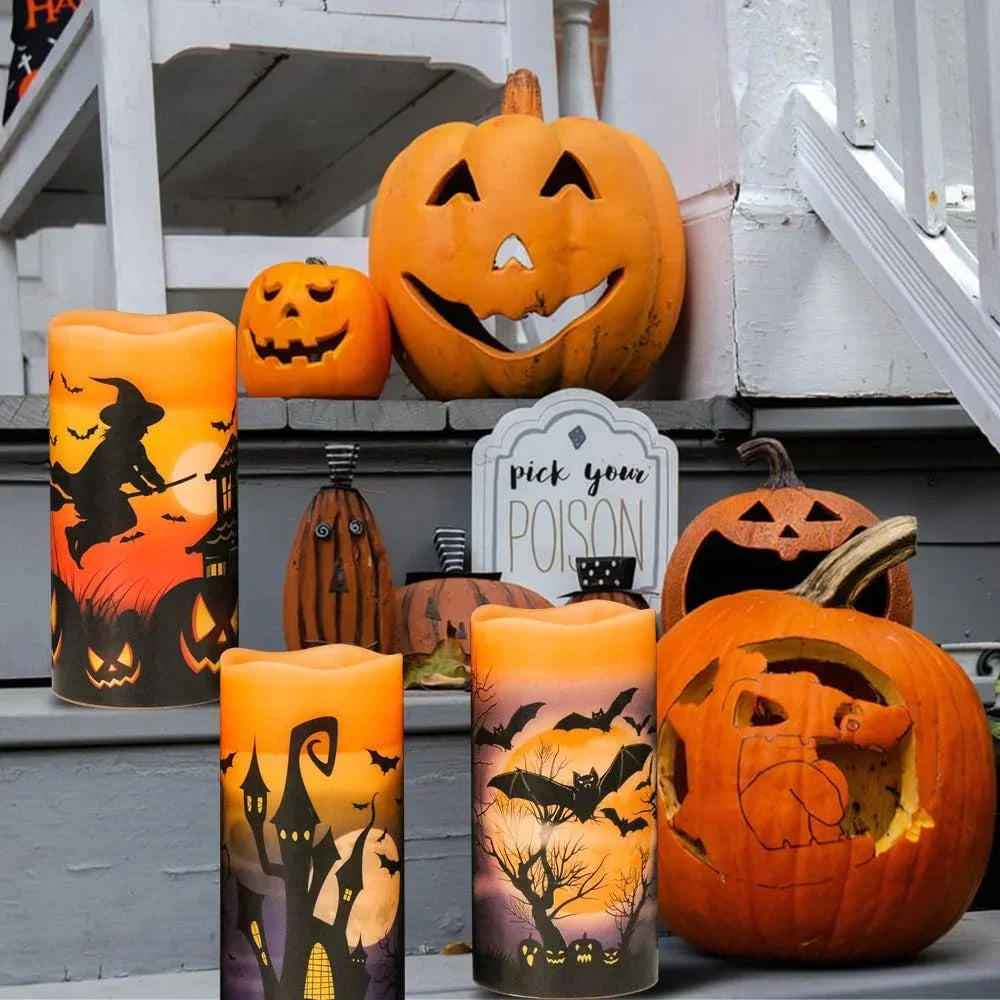 Belro Halloween flameless candles set with spooky orange and black designs, perfect for home Halloween decor.