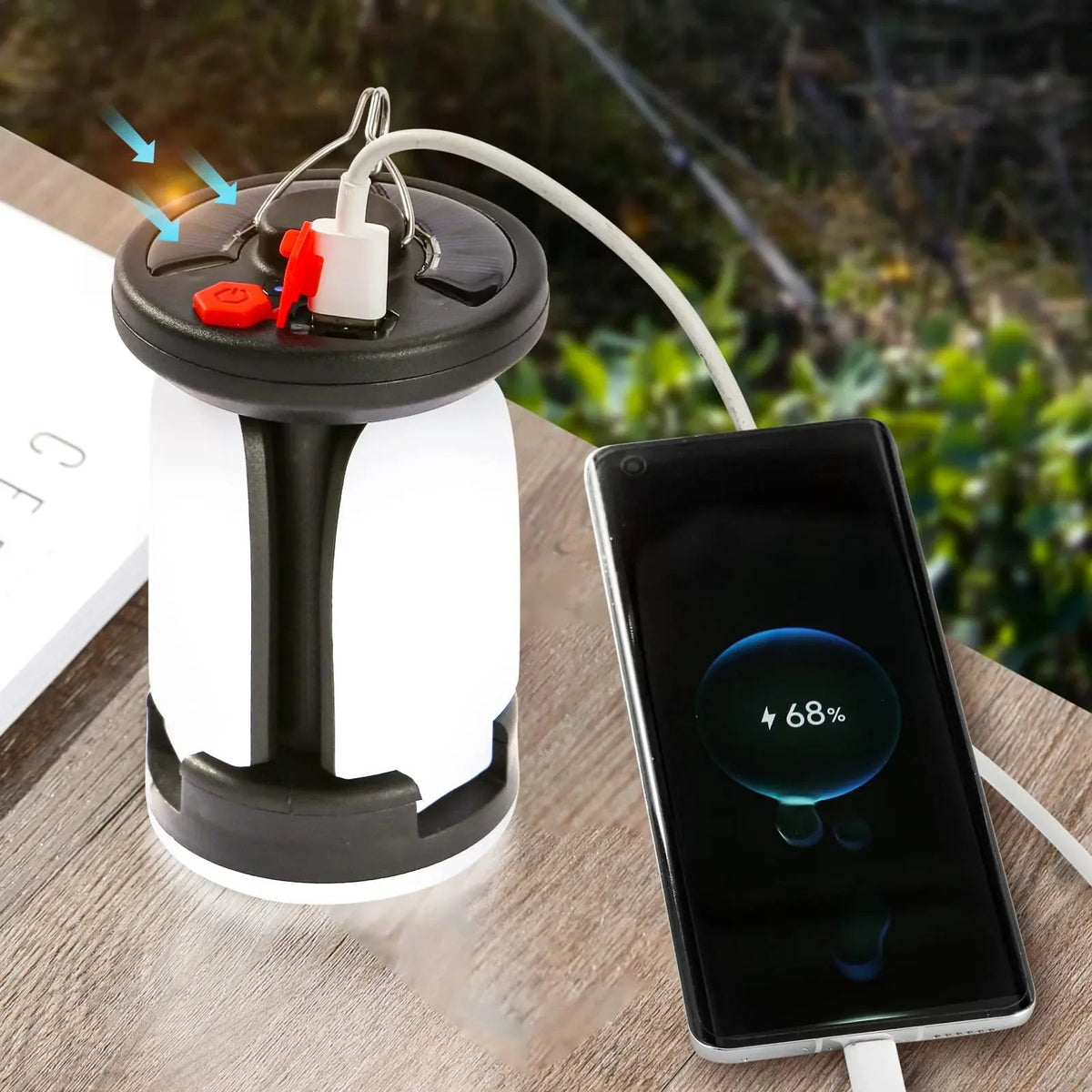 Belro Solar USB Folding Leaf Camping Lantern illuminated with green leaf design, portable LED flashlight for outdoor camping.