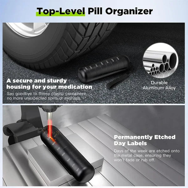 Aluminum Belro 7-day portable pill organizer with individual compartments for travel and daily medication storage.