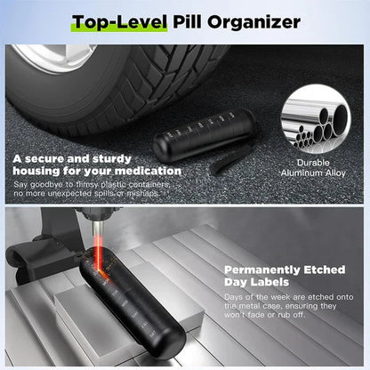Aluminum Belro 7-day portable pill organizer with individual compartments for travel and daily medication storage.