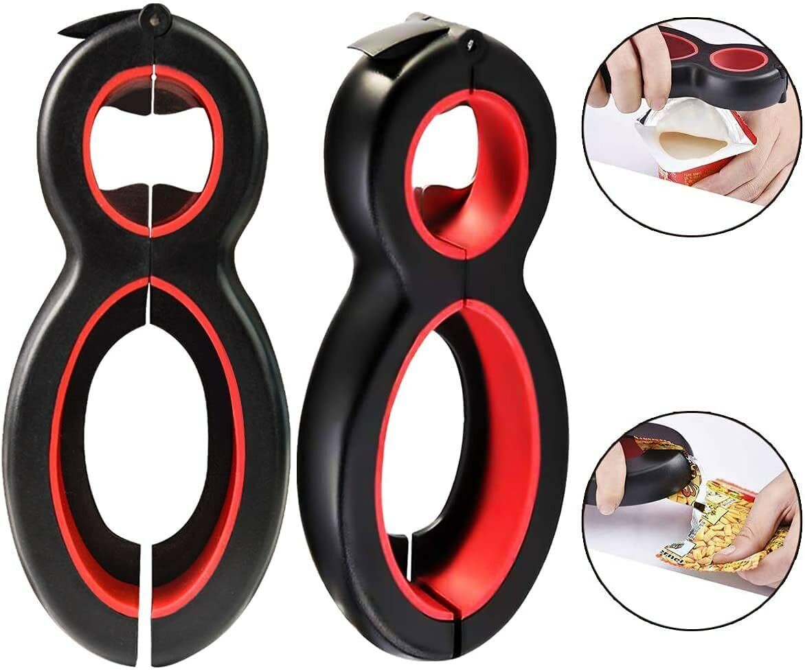 Belro 6-in-1 multi opener for kitchen and dining, showing various tools for opening bottles, jars, and cans.