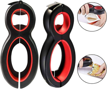 Belro 6-in-1 multi opener for kitchen and dining, showing various tools for opening bottles, jars, and cans.